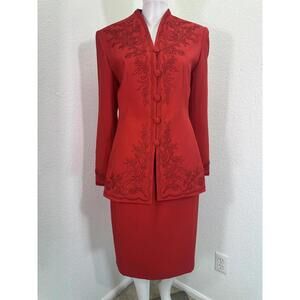 Sz 8 Executive Collection Red Embroidered Pencil Skirt Suit Church Holiday Work